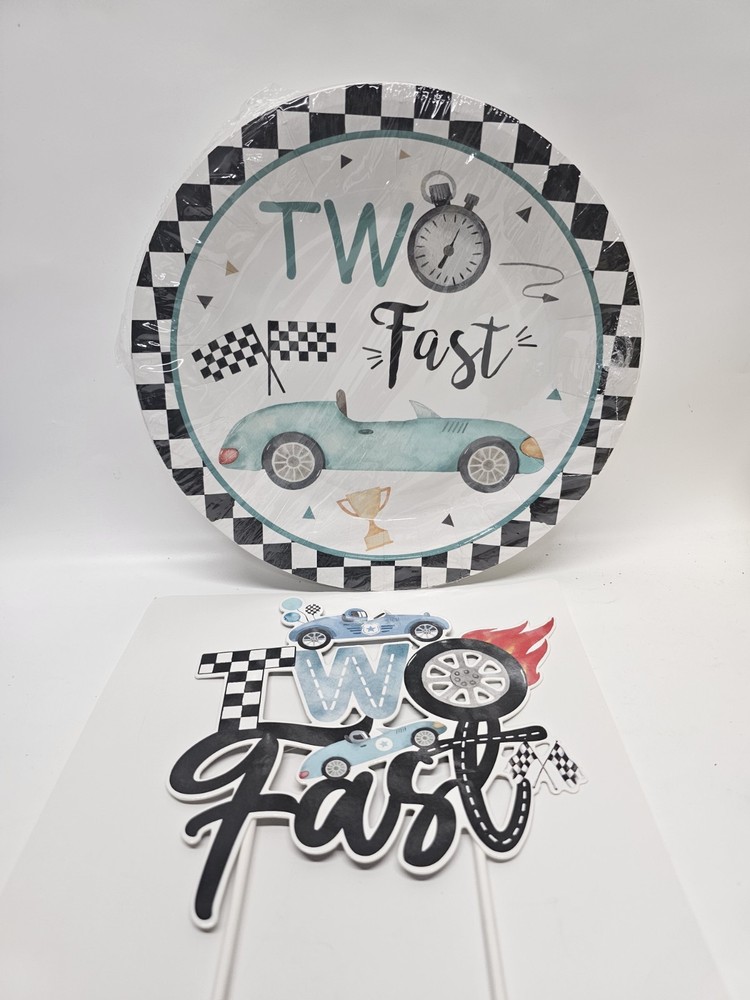 Two Fast Birthday Decor Package for Boys Girls Dinner Plates and Cake Topper