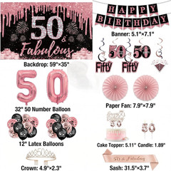 50Th Birthday Decorations for Women – 37Pcs Rose Gold Party Supplies Set with Ba