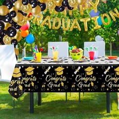 Graduation Tablecloth Party Decorations 2026, 3 Pack Thick Black and Gold 54″x10