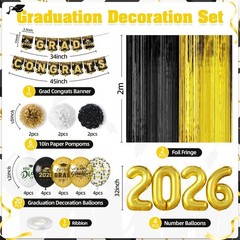 2026 Graduation Decorations – Black & Gold Balloons, Congrats Grad Banner, Party