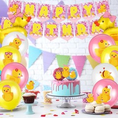 57 Pcs Pink Duck Birthday Decorations Balloons Party Happy Birthday Banner Ca…