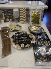 108pc Black Gold Happy Retirement Party Decoración Back Drop Tableware Serves 16