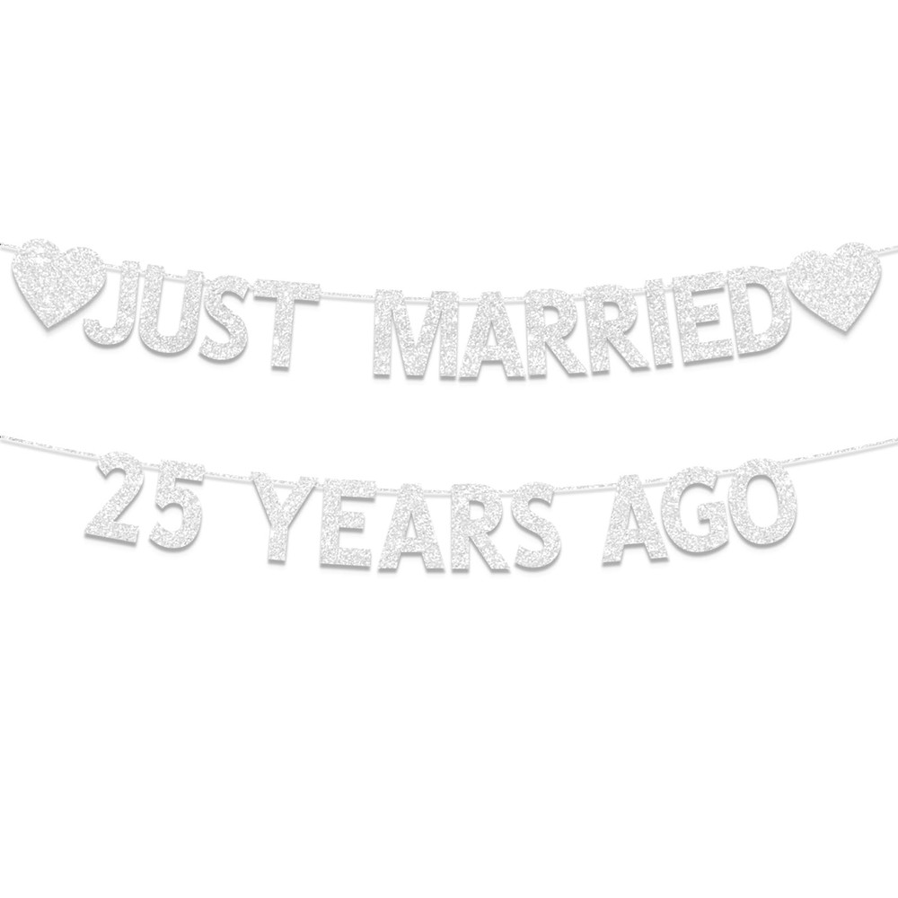 25Th Wedding Anniversary Party Banner Decorations, Silver Glitter Just Married 2