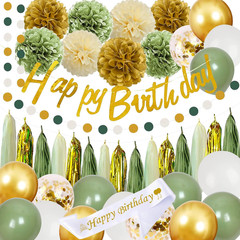 Sage Green Birthday Party Decorations with Happy Birthday Banner,Gold Fringe Cur
