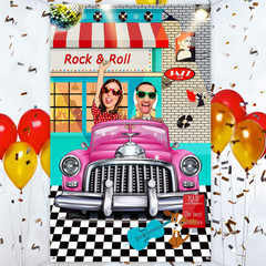 50s Rock and Roll Party Backdrop Pink Car Banner 5.3×3.3ft Photo Booth Decor XXL