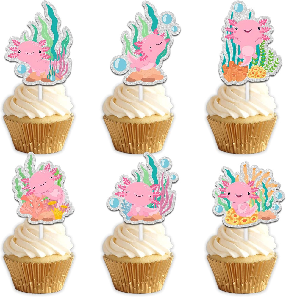 18Pcs Pink Glitter Cute Axolotl Dessert Cupcake Topper Pick for Cartoon Animal S