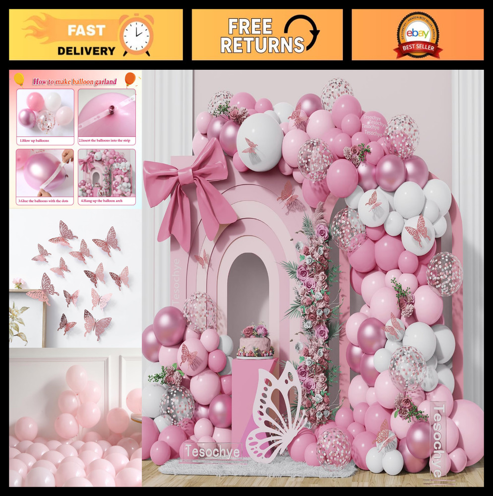 152Pcs Pastel Pink & White Balloon Arch Kit, Rose Gold Confetti & Butterfly Stic