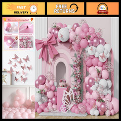 152Pcs Pastel Pink & White Balloon Arch Kit, Rose Gold Confetti & Butterfly Stic
