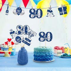 24Pcs 80th Birthday Decorations Table Topper for Men, Blue Silver 80 Year Old…