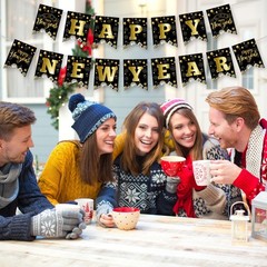 Happy New Years Eve Decorations 2026 – Black Gold Happy New Year Banner, New