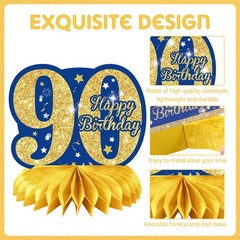 9Pcs Blue Gold 90th Birthday Decorations Blue 90th Birthday Honeycomb Centerpiec