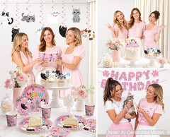 213Pcs Cat Birthday Decorations, Complete Paper Tableware Set Includes 350Gsm Pl