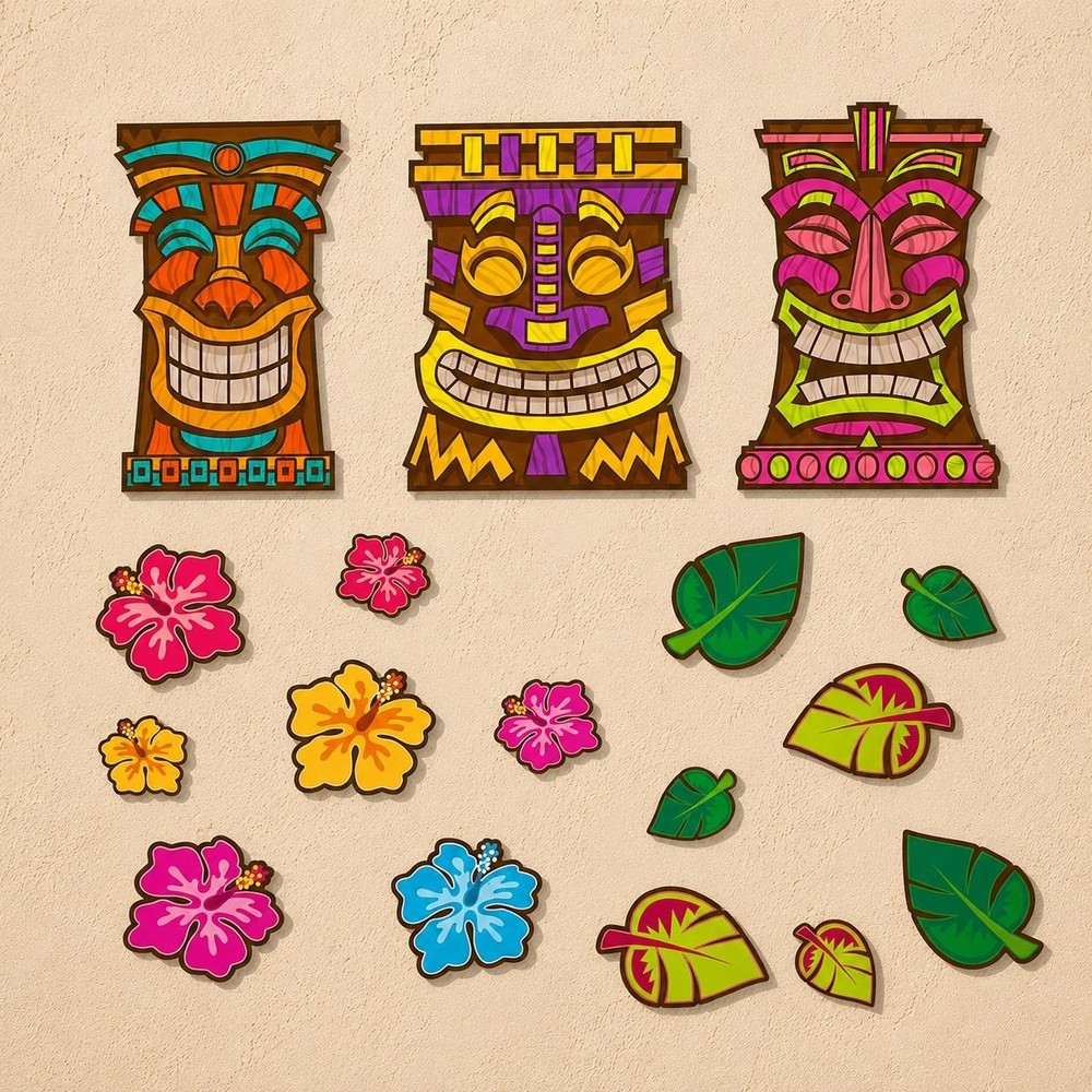 19-PC Large 20″H Tropical Tikis, Flowers & Leaves Cardstock Cut-Outs Decor #122