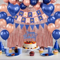 Navy Blue Rose Gold Birthday Decorations,Happy Birthday Banner Fringe Curtain…
