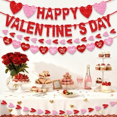 Happy Valentine’s Day Banner, Valentine’s Day Decorations Pre-Assembled Red Pink