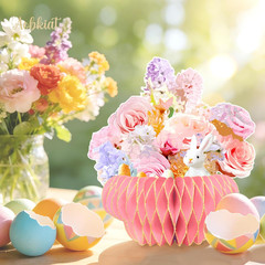 Easter Party Decorations,Paper Honeycomb Vase with Bouquet Print Card,Glitter Ed