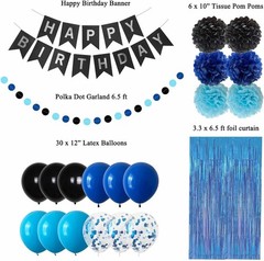 Blue Black Birthday Decorations Banner Balloons Pom Poms Foil Curtain Party S…