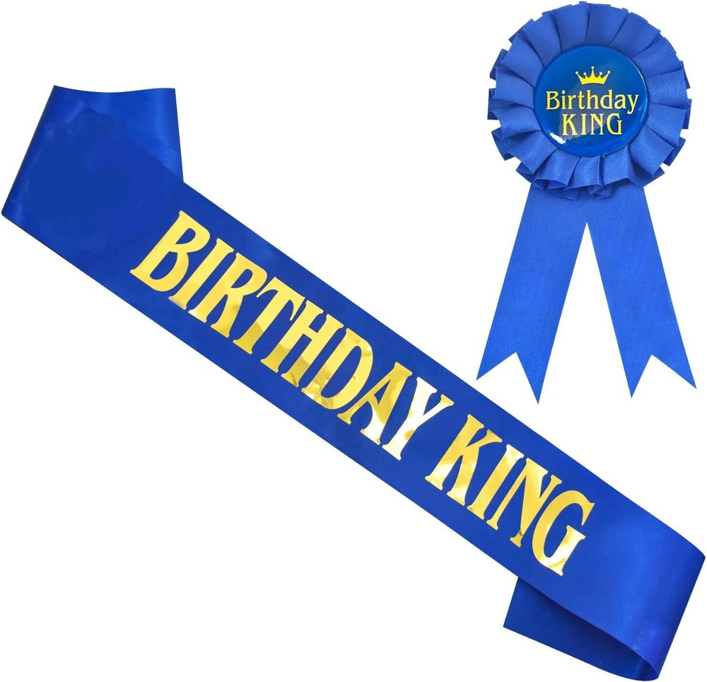 Birthday King Sash & Badge Various Ages: 19,20,22,24,35,45th Royal Blue & Gold