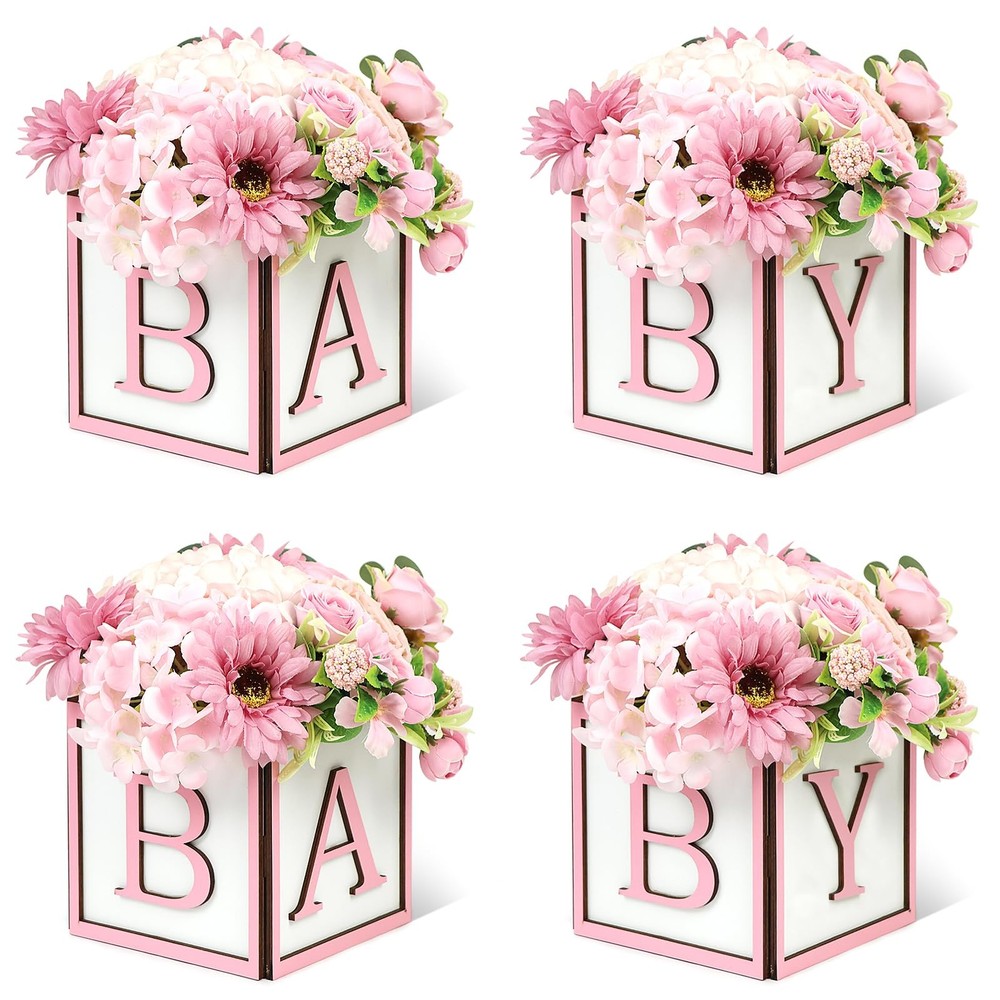 Baby Shower Boxes Decorations 4Pcs Wood Baby Blocks with Printed Baby Letter,…