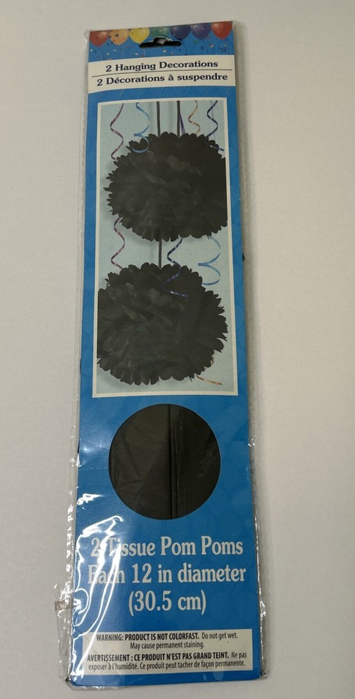 Tissue Pom Poms Hanging Decoration Black Birthday Graduation 12 inches Pack Of 2