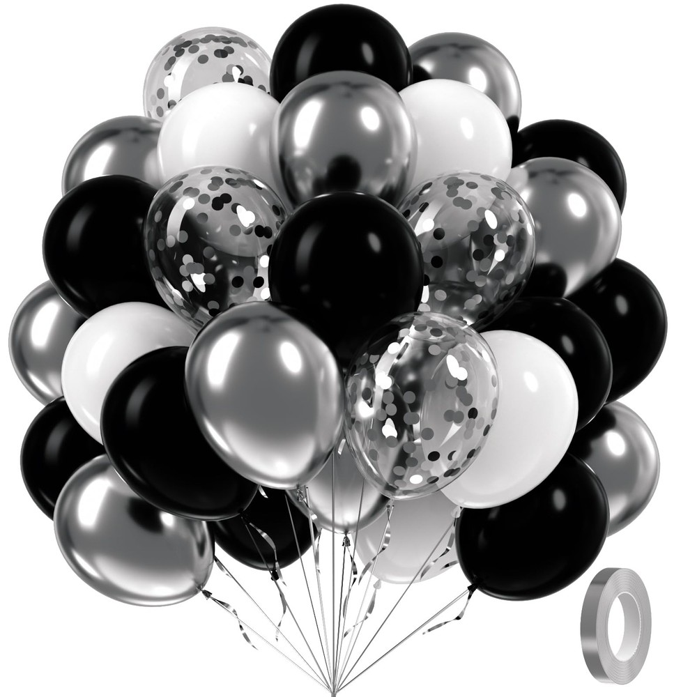 60pcs Black and Silver Balloons 12inch, Black and White Balloons with Metalli…
