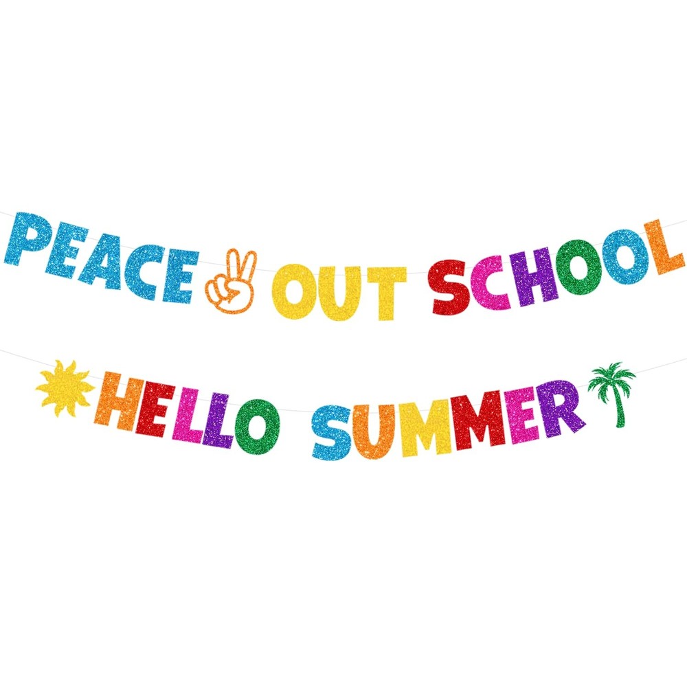 Glittery Peace Out School Hello Summer Banner with Sun Palm Tree Colorful End…