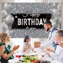 Black Silver Happy Birthday Banner Backdrop Party Decoration for Men Women Birth