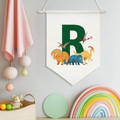 Green Letter R Flag Banner,Letter with Cute Animal Canvas Print Wall Art Post…