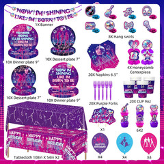 140PCS Singer Birthday Party Decorations Purple Retro Style Including Banner, Ta