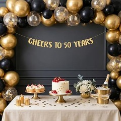 Pre-Strung Cheers to 50 Years Glitter Banner – 50th Birthday and Gold