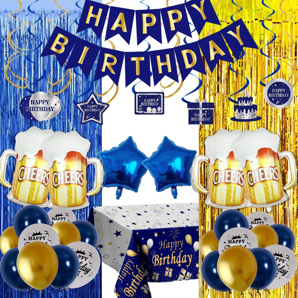 Birthday Decorations for Men, Navy Blue and Gold Happy Birthday Banner Birthd…