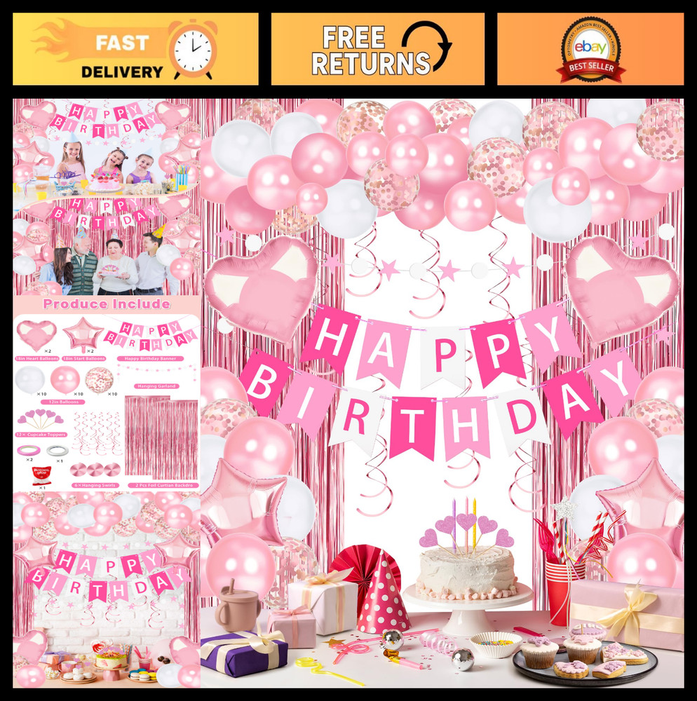 Pink Happy Birthday Party Decorations – Banner, Foil Balloons, Confetti, Backdro