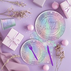 Iridescent Party Decorations Tableware, Ombre Purple Holographic Birthday Par…
