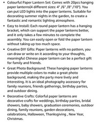 20pcs Chinese Round Lanterns Assorted Colours and Sizes Paper Lampshades