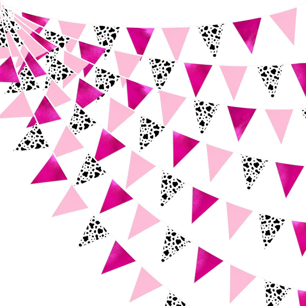 32Ft Cowgirl Party Decorations Hot Pink Cow Printed Triangle Flag Fabric Banner