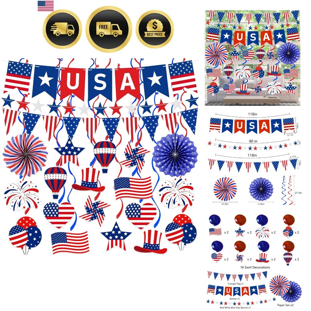 37Pcs 4th of July Decorations Banner Red White Blue Paper Fans Star Streamer…