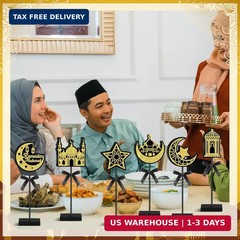 Huwena 6 Pcs Ramadan Decorations Eid Mubarak Table Decor Wooden Tall Standing Is