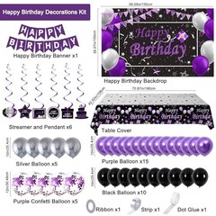 Black Purple Birthday Decorations for Women Girls Men, Purple and Silver Party