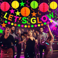 Neon Party Supplies Includes Let’S Glow Banner Star Hanging Swirls Circle Dot Ga