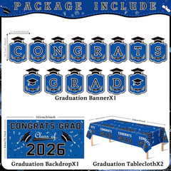 Graduation Decorations 2026 – Blue Congrats Grad Banner Backdrop Tablecloth Set