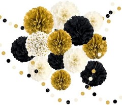 Black and Gold Party Decorations, 16 PCS Tissue Paper Pom Poms Dots Paper Gar…