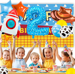 Toy Themed Number 2 Balloon, Happy Birthday Colorful Balloons with Rocket and Co