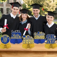 12Pcs Blue and Gold Graduation Decorations 2026 Honeycomb Centerpieces