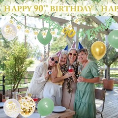 Sage Green 90th Birthday Party Decorations – Happy Banner, Gold