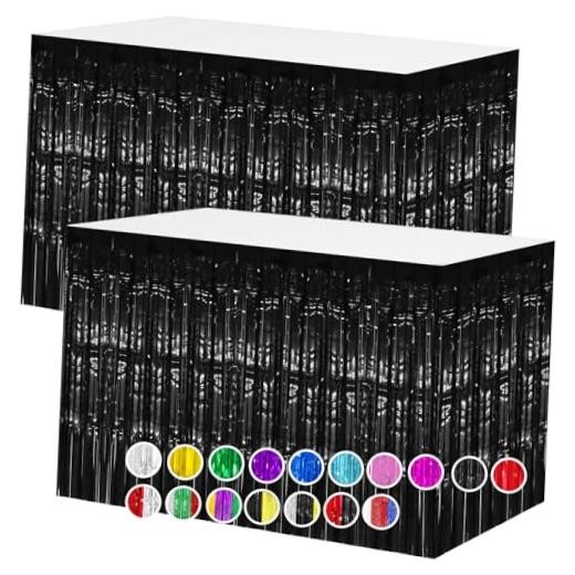 2 Packs Table Skirts Metallic Foil Fringe Curtain 2 PCS-29.5×108 Inch Black