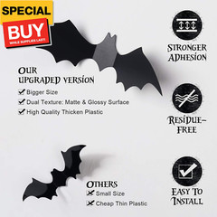 60PCS Halloween Bats Decoration, 4 Different Sizes Realistic PVC Black 3D Scary