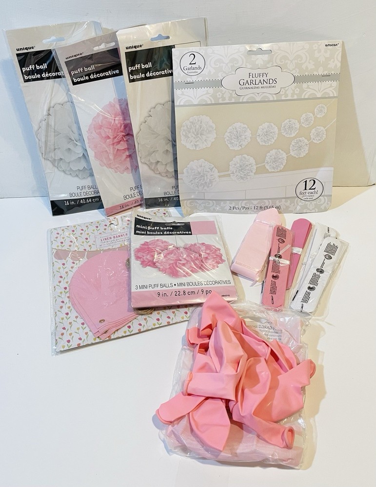 Pink and White Party Decor Paper Puffs Garland Pink Balloons Party Decorations