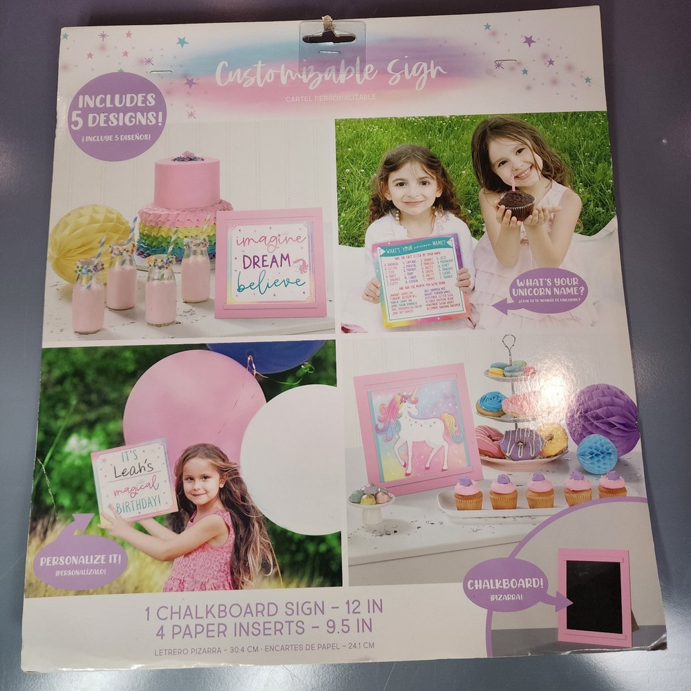 Enchanted Unicorn Birthday Party Customizable Chalkboard Sign & 4 Paper Inserts