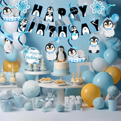 Penguin Happy Birthday Banner Streamers Party Decorations, Penguin Baby Shower P