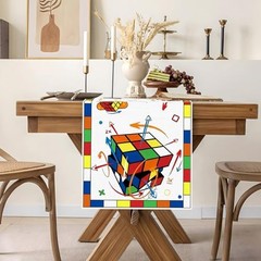 Puzzle Cube Table Runner Colorful Magic 3D Geometric Cube Retro Game Birthday